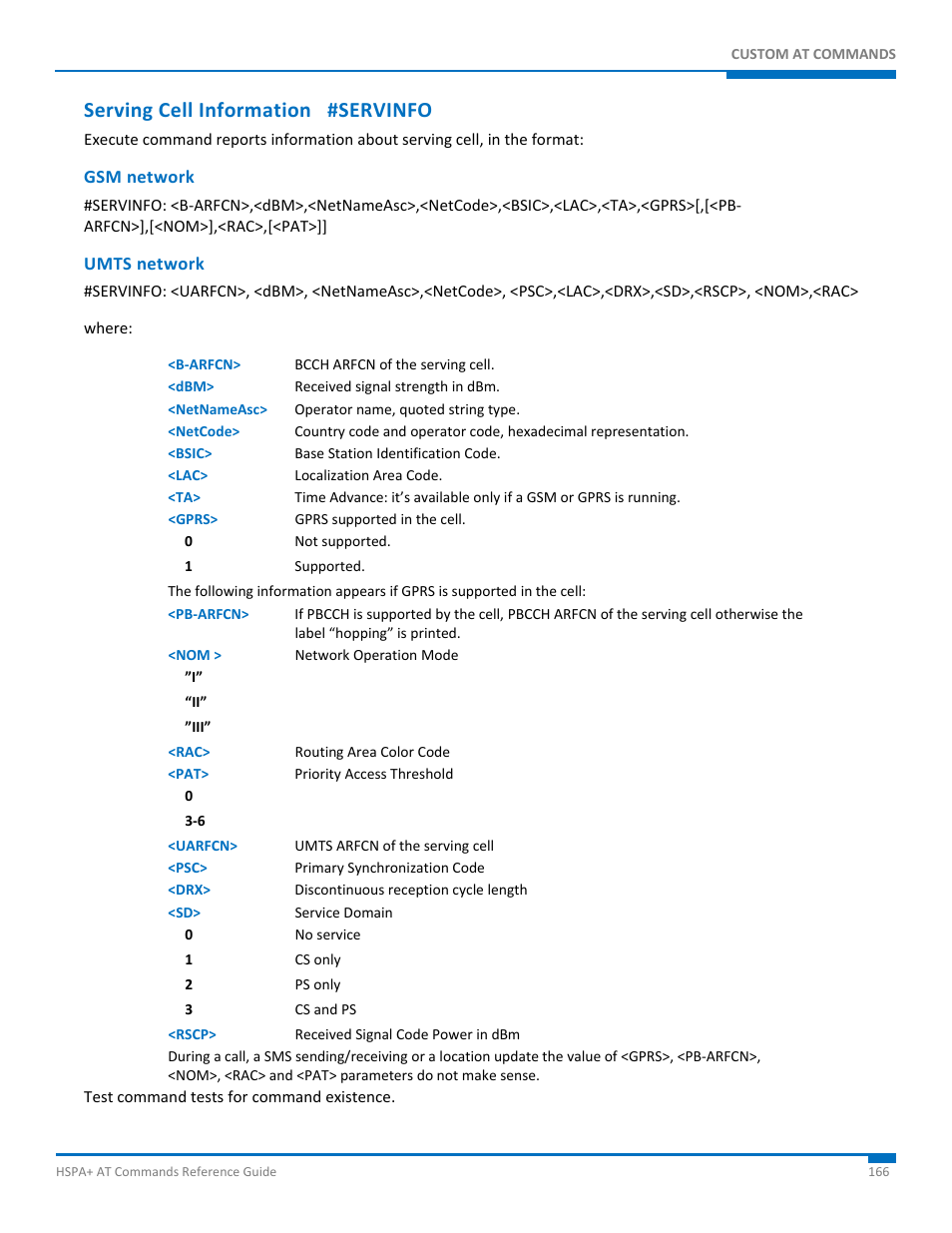 Serving cell information #servinfo, Gsm network, Umts network | Synaccess Networks NP-0801DTM User Manual | Page 166 / 330