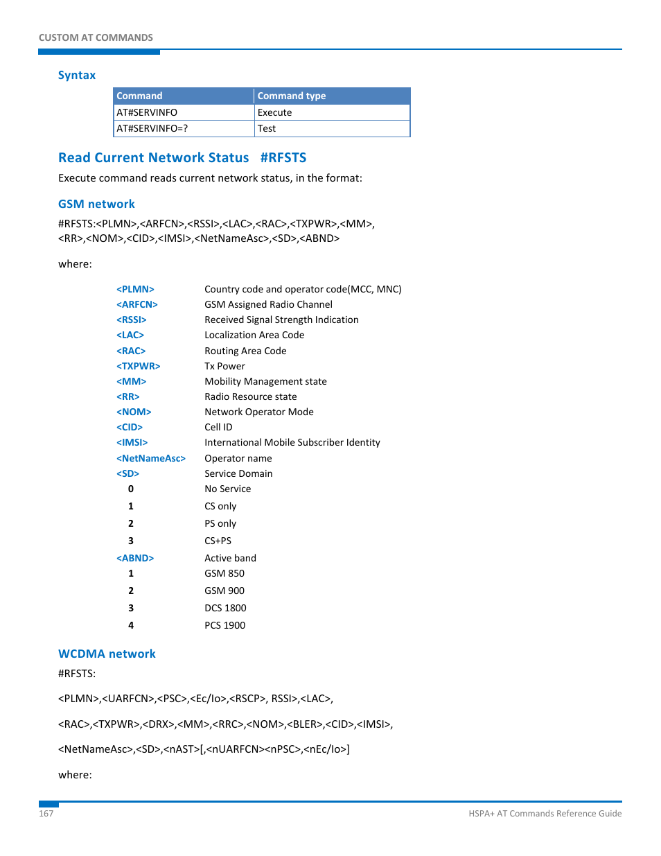 Syntax, Read current network status #rfsts, Gsm network | Wcdma network | Synaccess Networks NP-0801DTM User Manual | Page 167 / 330