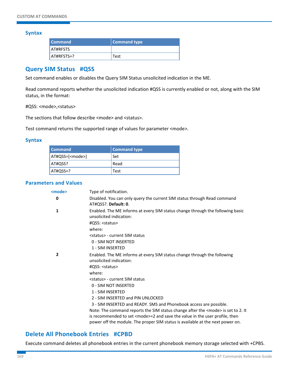 Syntax, Query sim status #qss, Parameters and values | Delete all phonebook entries #cpbd | Synaccess Networks NP-0801DTM User Manual | Page 169 / 330