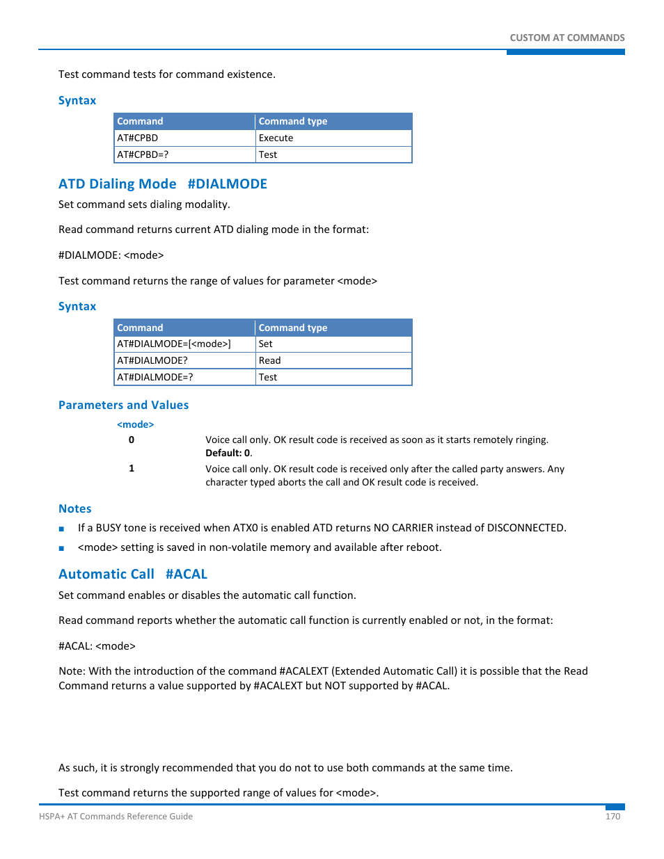 Syntax, Atd dialing mode #dialmode, Parameters and values | Notes, Automatic call #acal | Synaccess Networks NP-0801DTM User Manual | Page 170 / 330