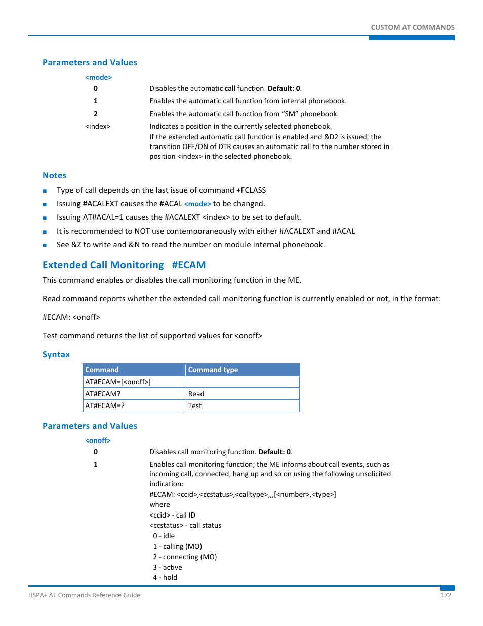 Parameters and values, Notes, Extended call monitoring #ecam | Syntax | Synaccess Networks NP-0801DTM User Manual | Page 172 / 330