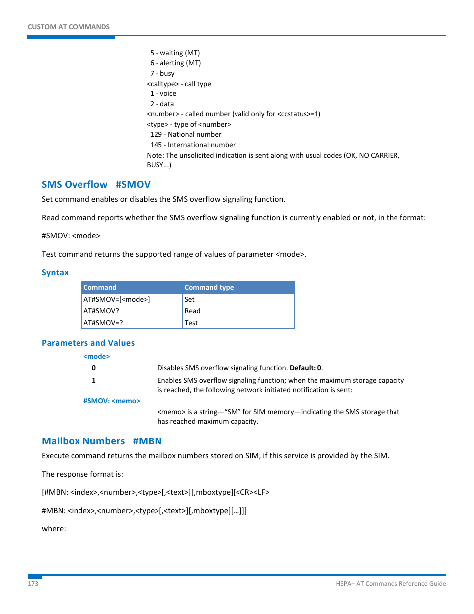 Sms overflow #smov, Syntax, Parameters and values | Mailbox numbers #mbn | Synaccess Networks NP-0801DTM User Manual | Page 173 / 330
