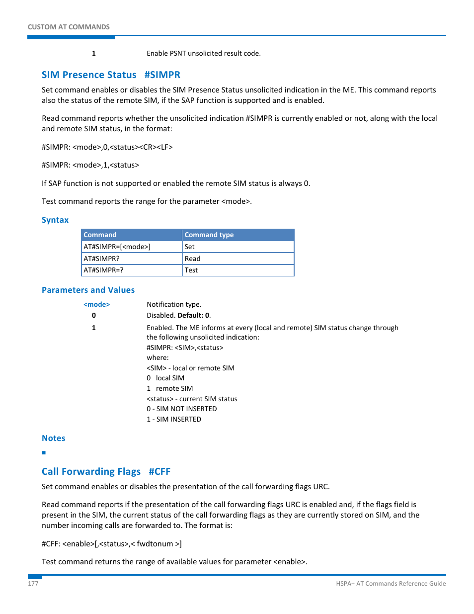 Sim presence status #simpr, Syntax, Parameters and values | Notes, Call forwarding flags #cff | Synaccess Networks NP-0801DTM User Manual | Page 177 / 330