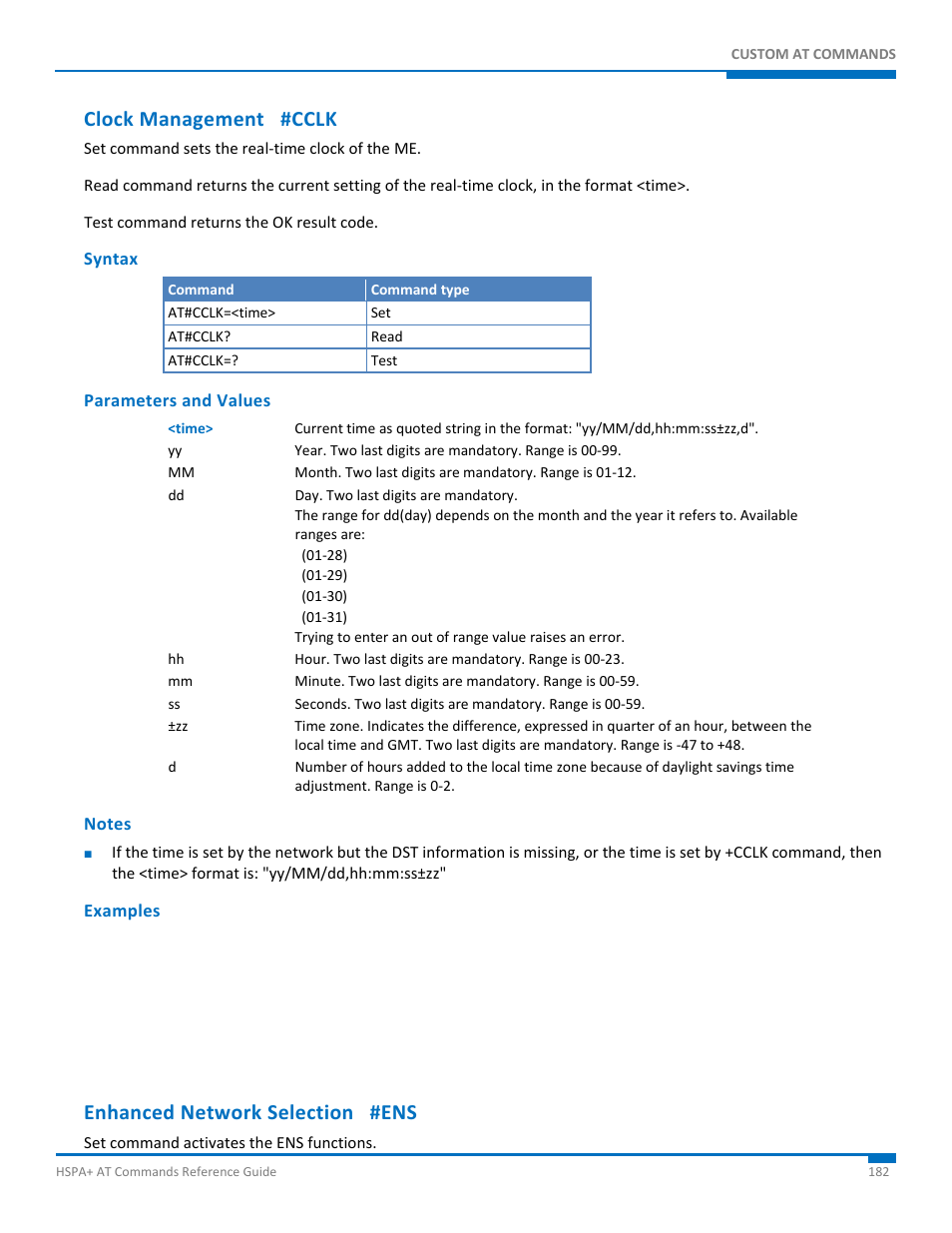 Clock management #cclk, Syntax, Parameters and values | Notes, Examples, Enhanced network selection #ens | Synaccess Networks NP-0801DTM User Manual | Page 182 / 330