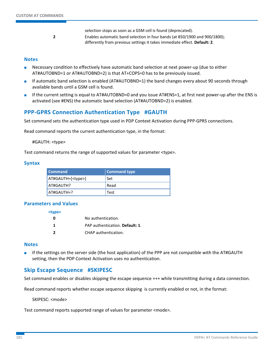 Notes, Ppp-gprs connection authentication type #gauth, Syntax | Parameters and values, Skip escape sequence #skipesc, Ppp‐gprs connection authentication type #gauth | Synaccess Networks NP-0801DTM User Manual | Page 185 / 330
