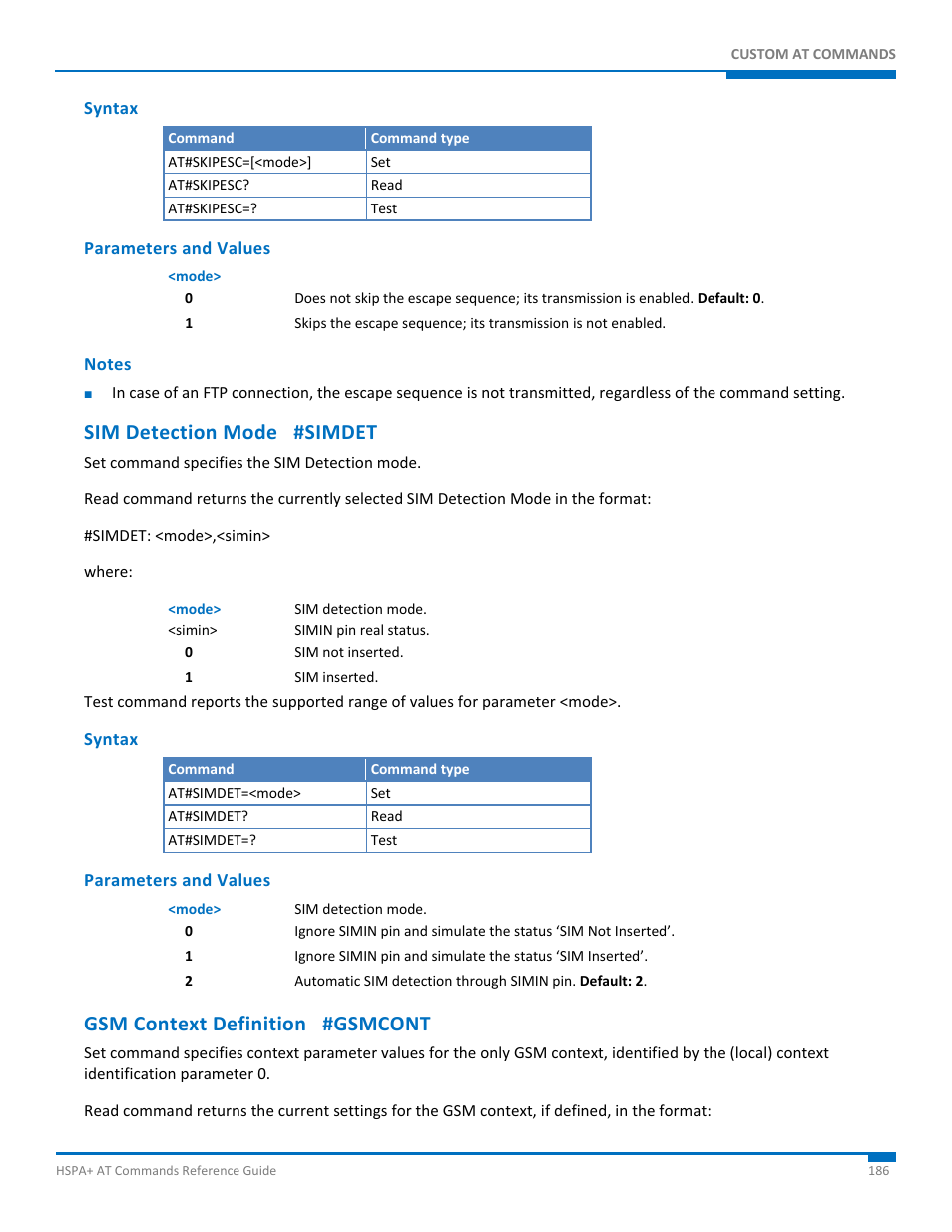 Syntax, Parameters and values, Notes | Sim detection mode #simdet, Gsm context definition #gsmcont | Synaccess Networks NP-0801DTM User Manual | Page 186 / 330