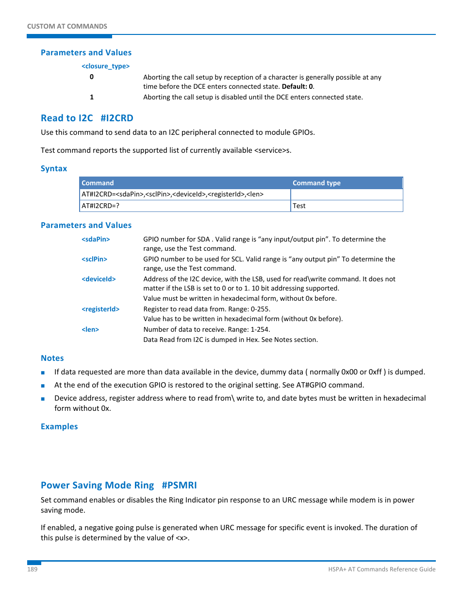 Parameters and values, Read to i2c #i2crd, Syntax | Notes, Examples, Power saving mode ring #psmri | Synaccess Networks NP-0801DTM User Manual | Page 189 / 330