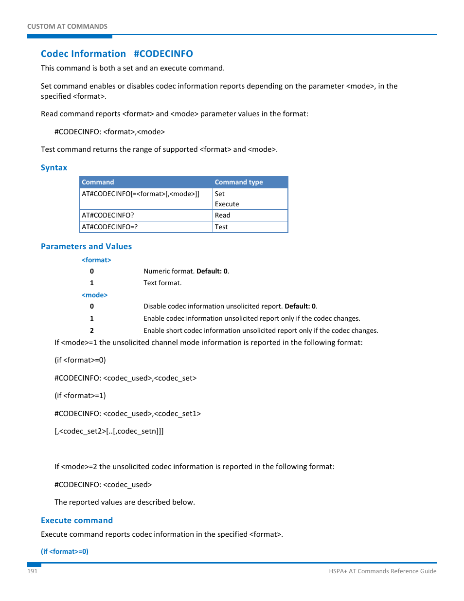 Codec information #codecinfo, Syntax, Parameters and values | Execute command | Synaccess Networks NP-0801DTM User Manual | Page 191 / 330