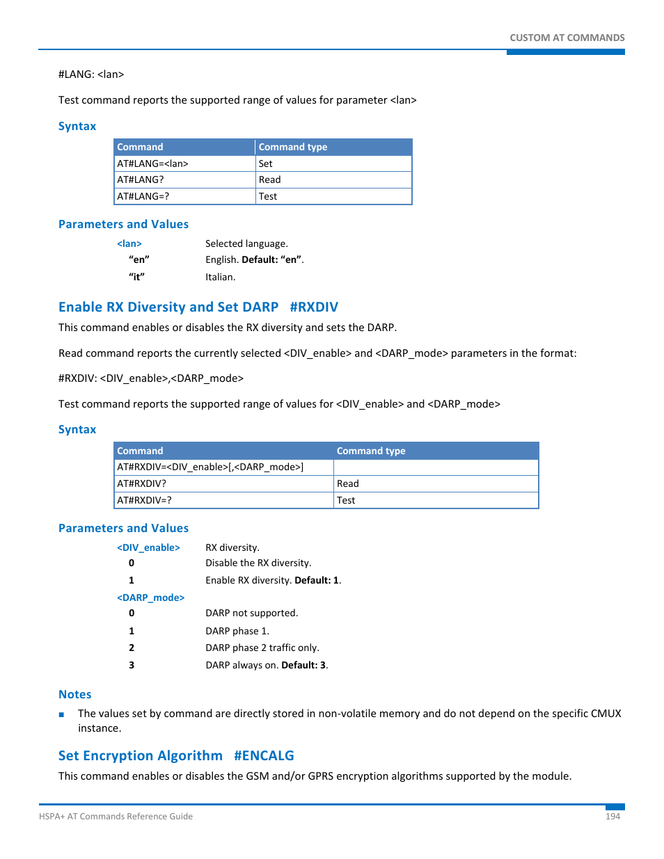 Syntax, Parameters and values, Enable rx diversity and set darp #rxdiv | Notes, Set encryption algorithm #encalg | Synaccess Networks NP-0801DTM User Manual | Page 194 / 330