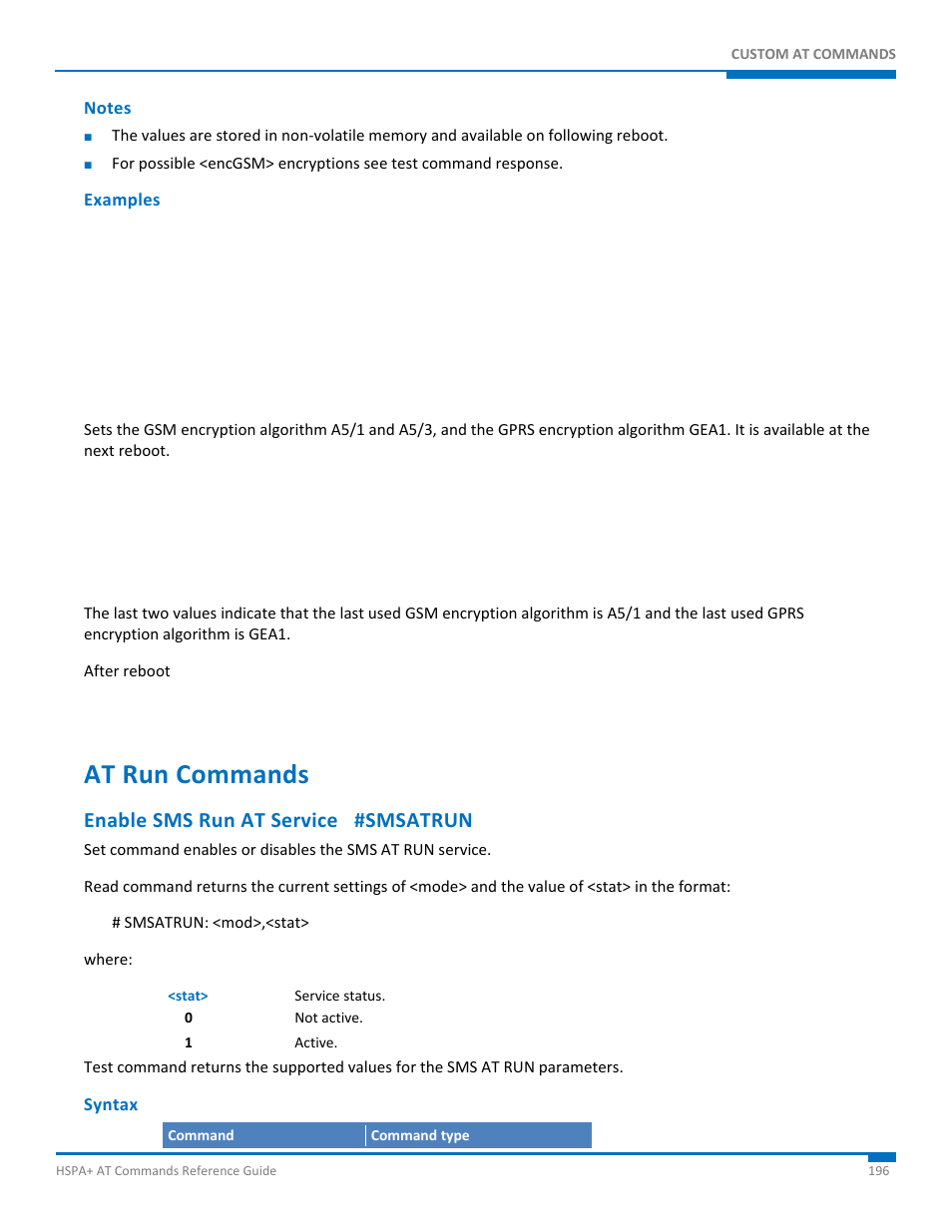 Notes, Examples, At run commands | Enable sms run at service #smsatrun, Syntax | Synaccess Networks NP-0801DTM User Manual | Page 196 / 330