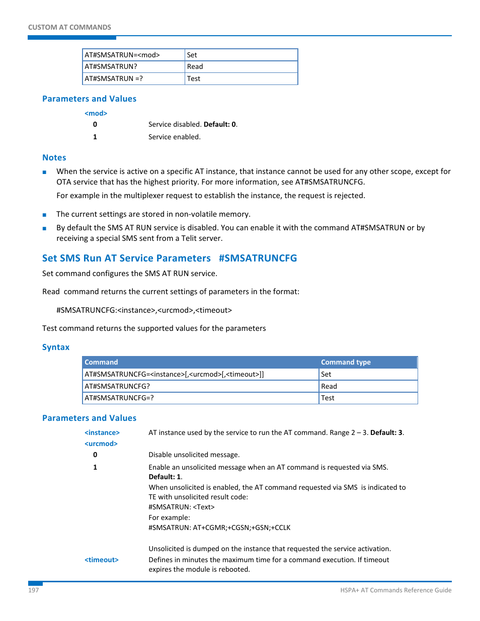 Parameters and values, Notes, Set sms run at service parameters #smsatruncfg | Syntax | Synaccess Networks NP-0801DTM User Manual | Page 197 / 330