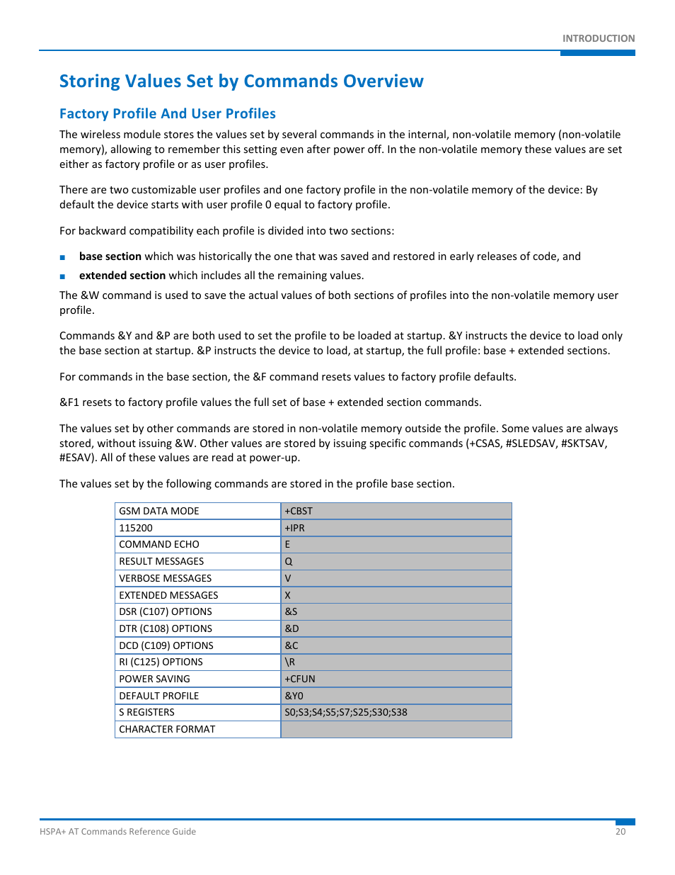 Storing values set by commands overview, Factory profile and user profiles | Synaccess Networks NP-0801DTM User Manual | Page 20 / 330