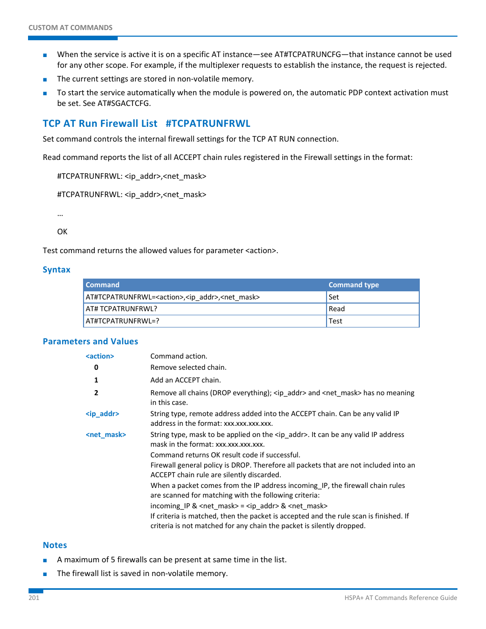 Tcp at run firewall list #tcpatrunfrwl, Syntax, Parameters and values | Notes | Synaccess Networks NP-0801DTM User Manual | Page 201 / 330