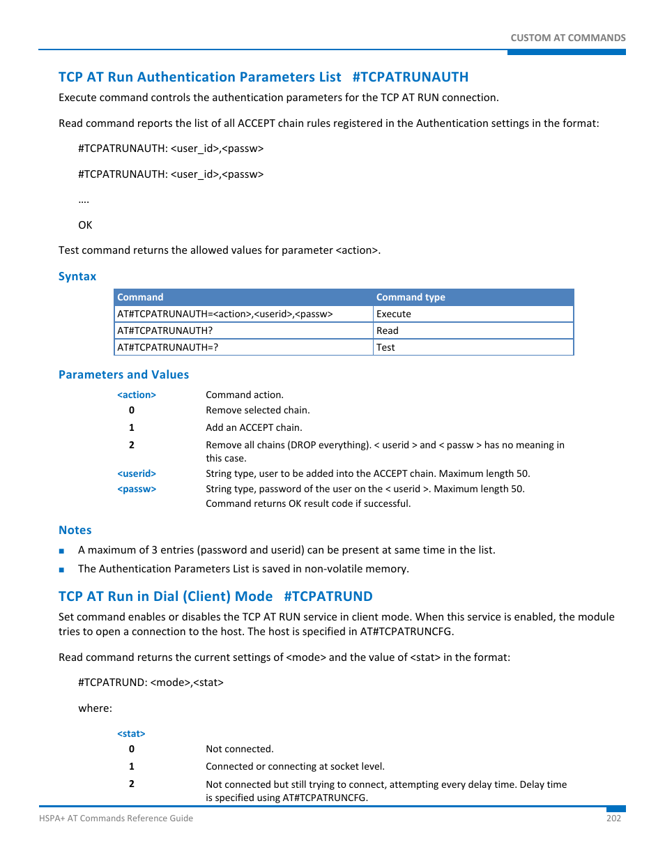Syntax, Parameters and values, Notes | Tcp at run in dial (client) mode #tcpatrund | Synaccess Networks NP-0801DTM User Manual | Page 202 / 330