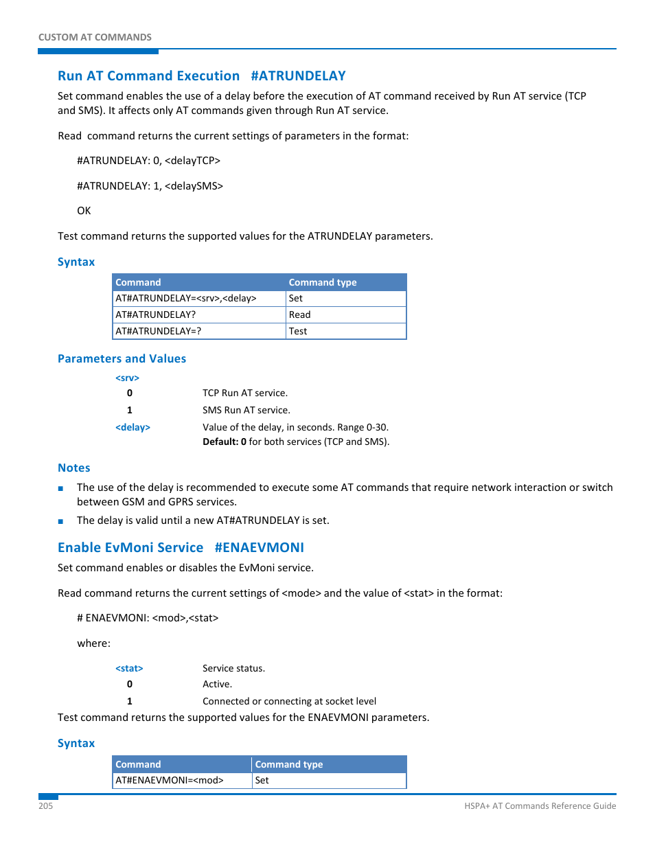Run at command execution #atrundelay, Syntax, Parameters and values | Notes, Enable evmoni service #enaevmoni | Synaccess Networks NP-0801DTM User Manual | Page 205 / 330