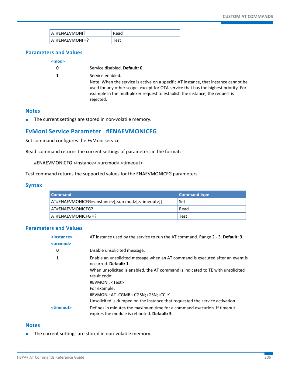 Parameters and values, Notes, Evmoni service parameter #enaevmonicfg | Syntax | Synaccess Networks NP-0801DTM User Manual | Page 206 / 330