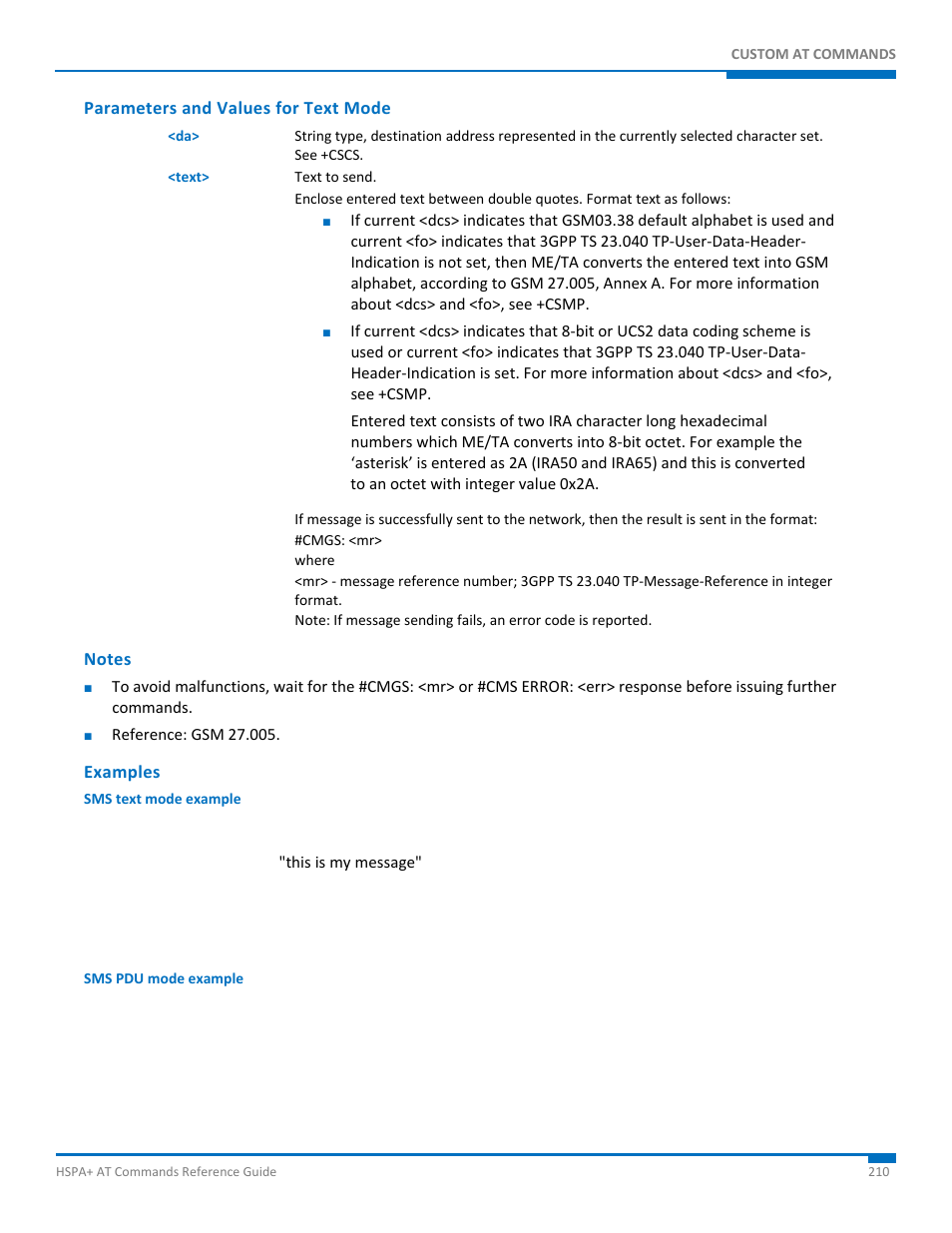Parameters and values for text mode, Notes, Examples | Synaccess Networks NP-0801DTM User Manual | Page 210 / 330