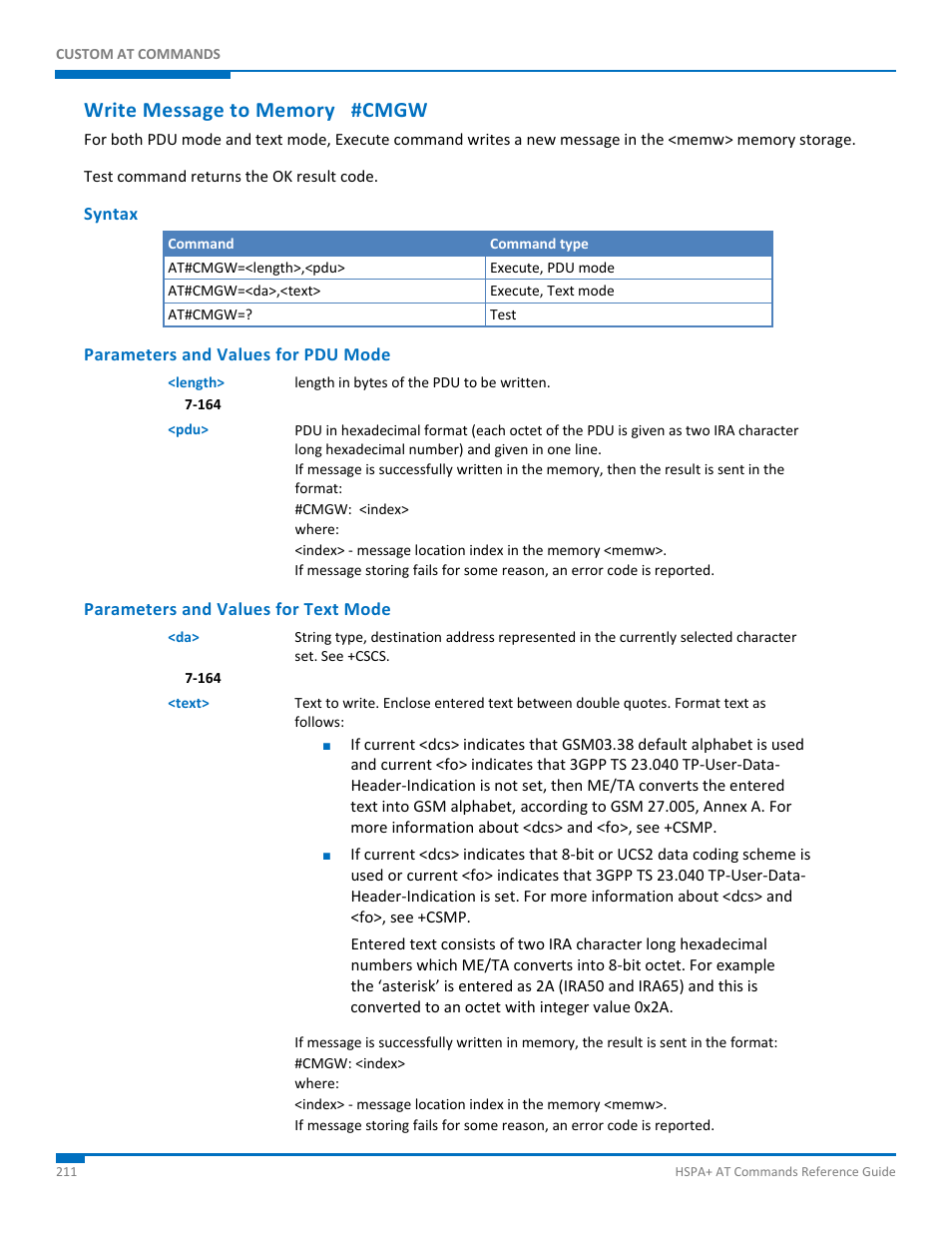 Write message to memory #cmgw, Syntax, Parameters and values for pdu mode | Parameters and values for text mode | Synaccess Networks NP-0801DTM User Manual | Page 211 / 330