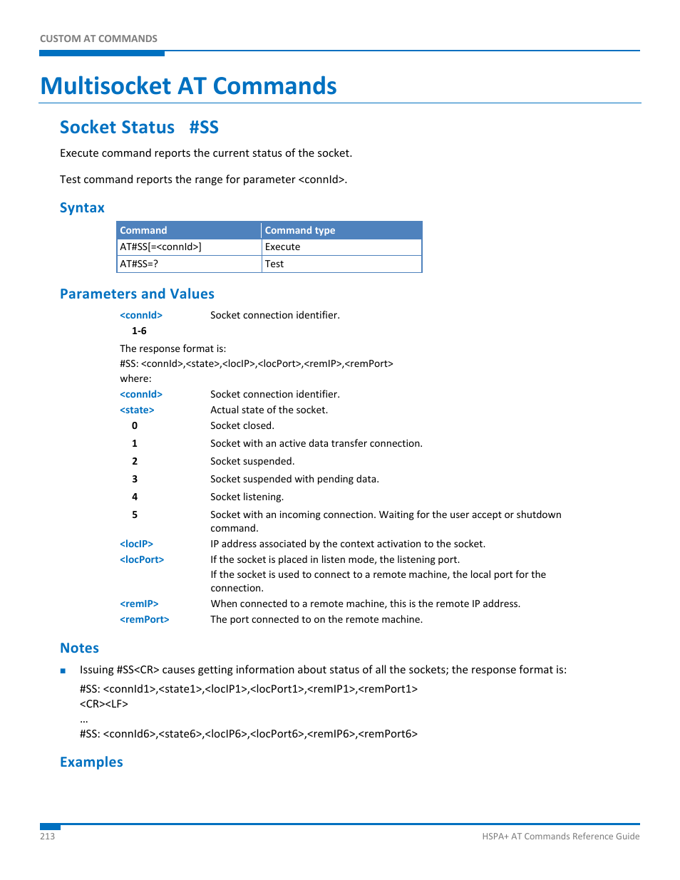 Multisocket at commands, Socket status #ss, Syntax | Parameters and values, Notes, Examples | Synaccess Networks NP-0801DTM User Manual | Page 213 / 330
