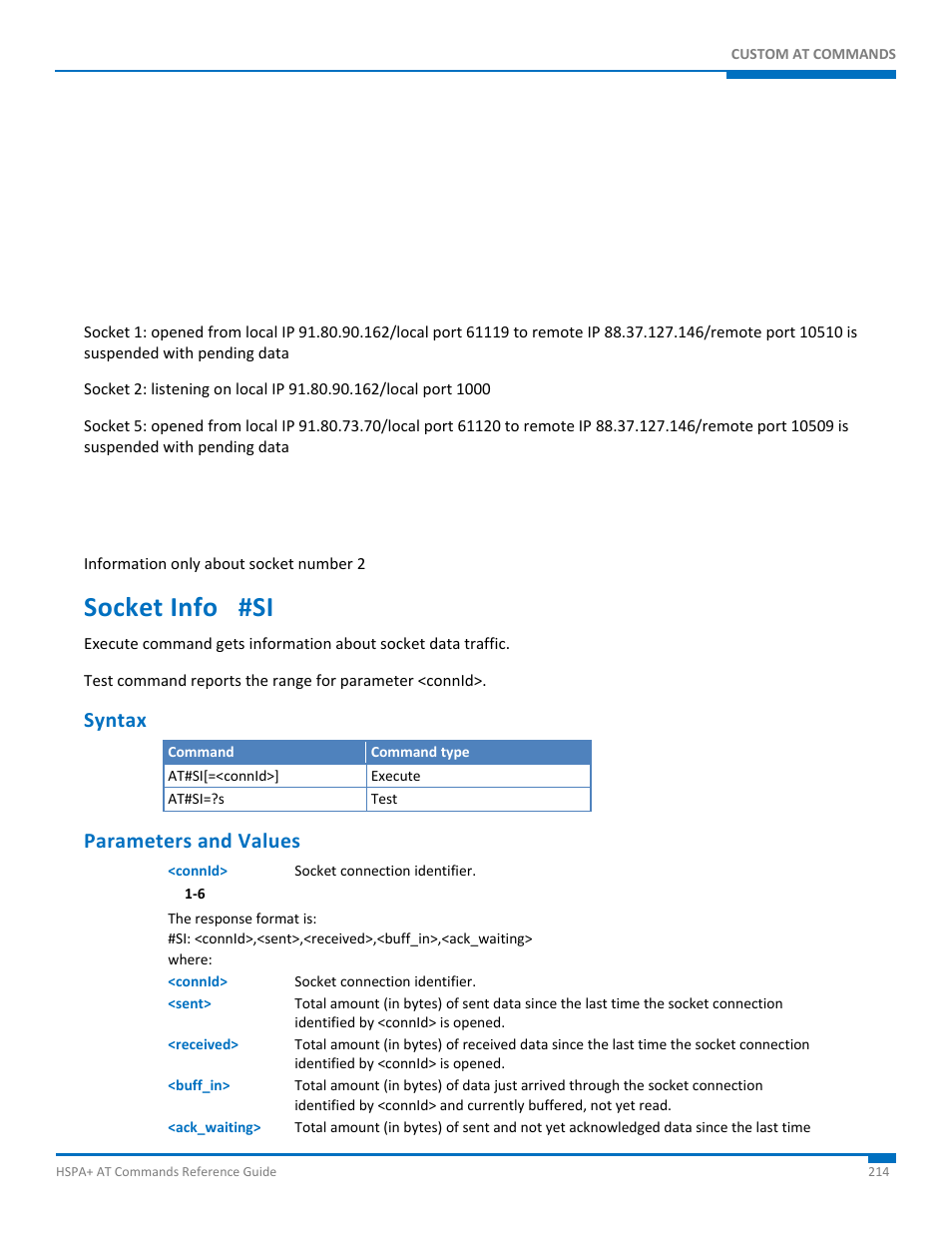 Socket info #si, Syntax, Parameters and values | Synaccess Networks NP-0801DTM User Manual | Page 214 / 330