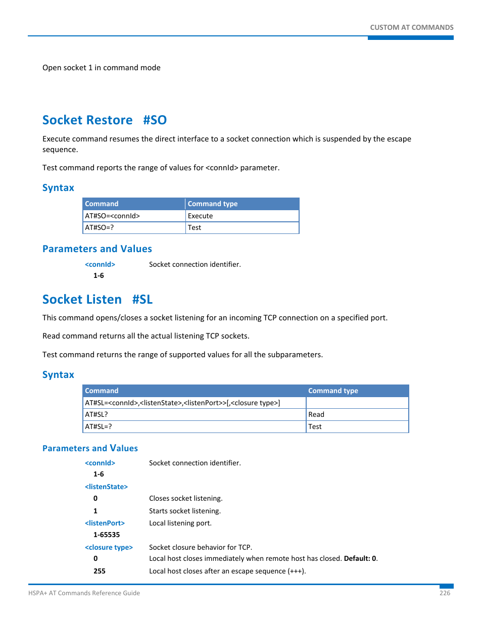 Socket restore #so, Syntax, Parameters and values | Socket listen #sl | Synaccess Networks NP-0801DTM User Manual | Page 226 / 330