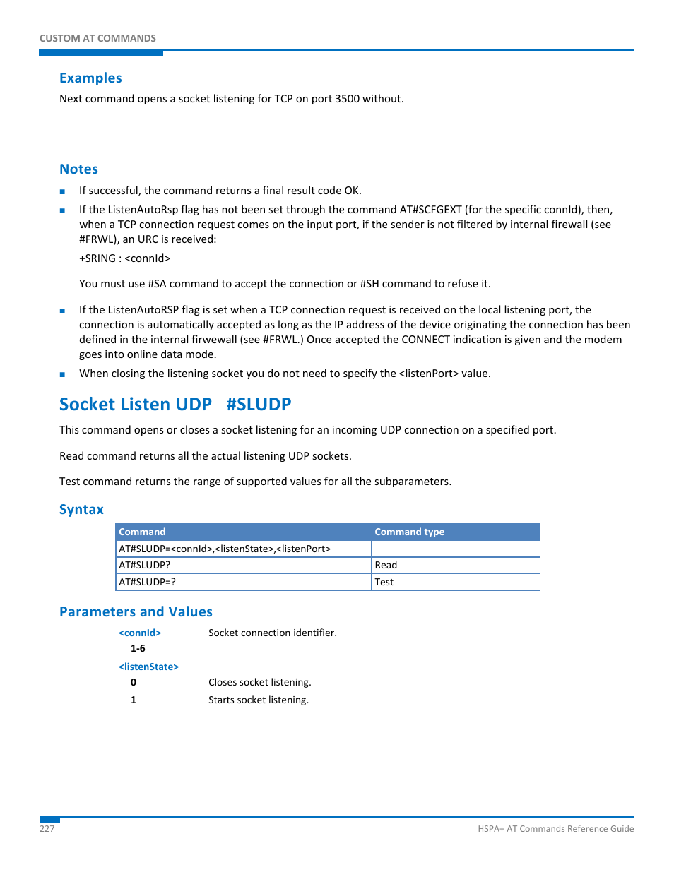 Examples, Notes, Socket listen udp #sludp | Syntax, Parameters and values | Synaccess Networks NP-0801DTM User Manual | Page 227 / 330