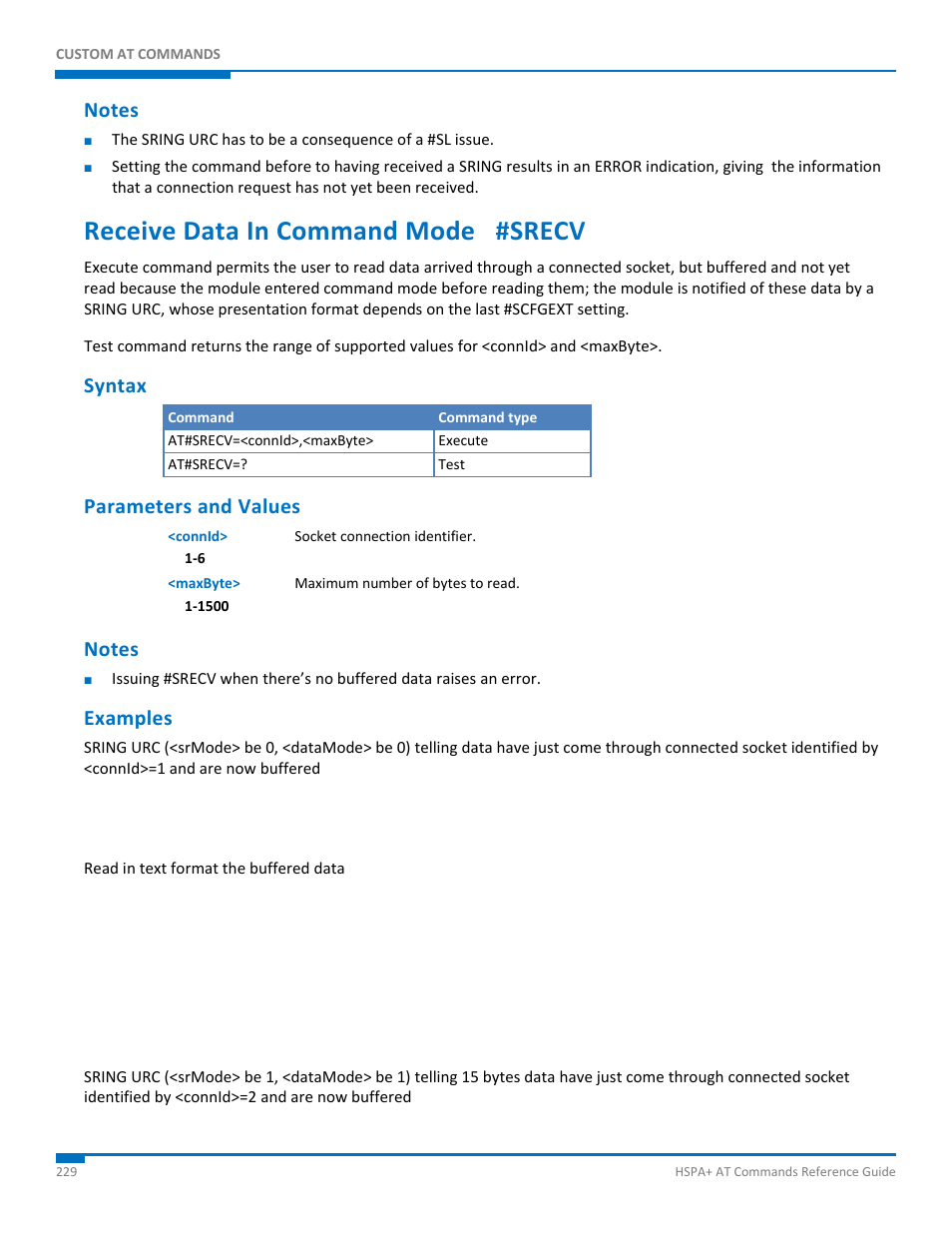 Notes, Receive data in command mode #srecv, Syntax | Parameters and values, Examples | Synaccess Networks NP-0801DTM User Manual | Page 229 / 330