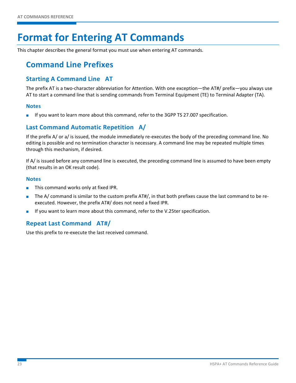Format for entering at commands, Command line prefixes, Starting a command line at | Notes, Last command automatic repetition a, Repeat last command at | Synaccess Networks NP-0801DTM User Manual | Page 23 / 330