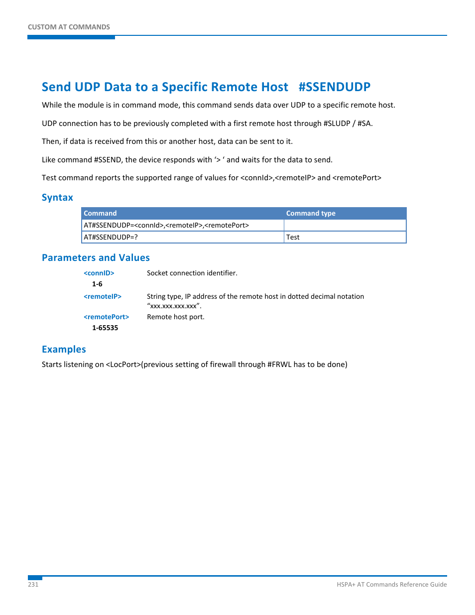 Send udp data to a specific remote host #ssendudp, Syntax, Parameters and values | Examples | Synaccess Networks NP-0801DTM User Manual | Page 231 / 330