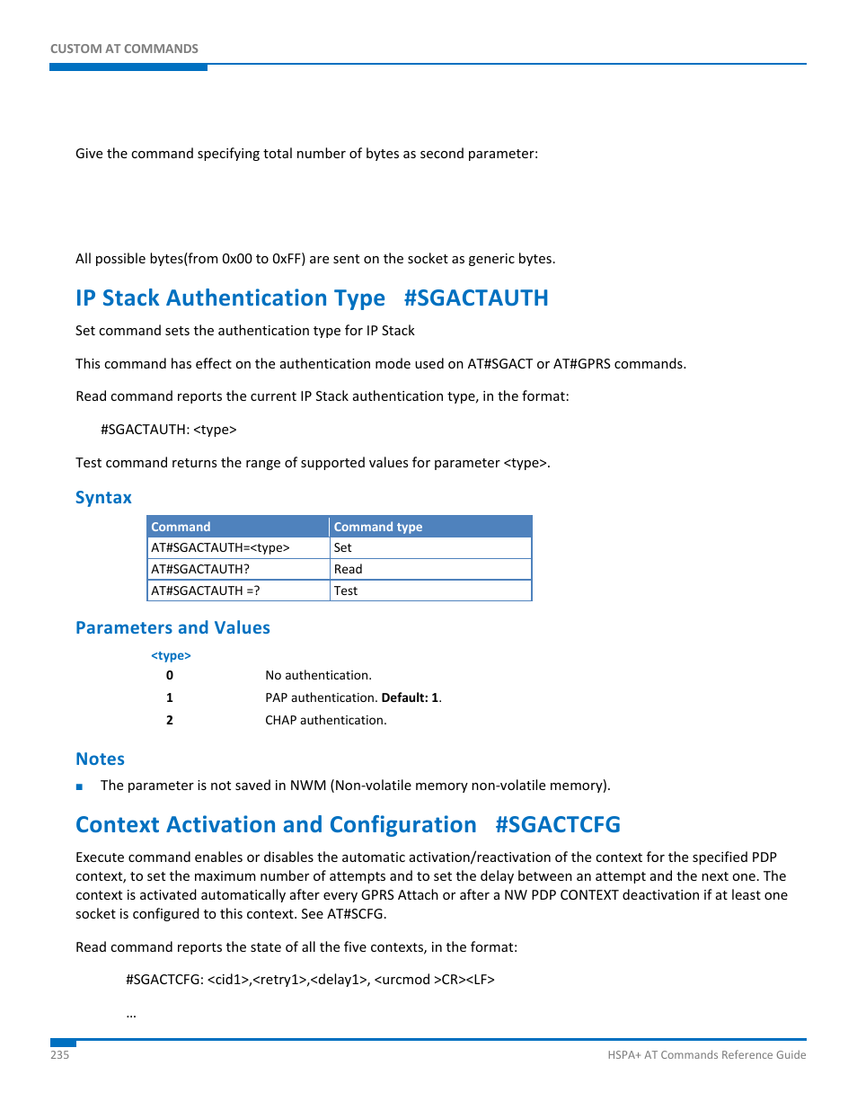 Ip stack authentication type #sgactauth, Syntax, Parameters and values | Notes, Context activation and configuration #sgactcfg | Synaccess Networks NP-0801DTM User Manual | Page 235 / 330