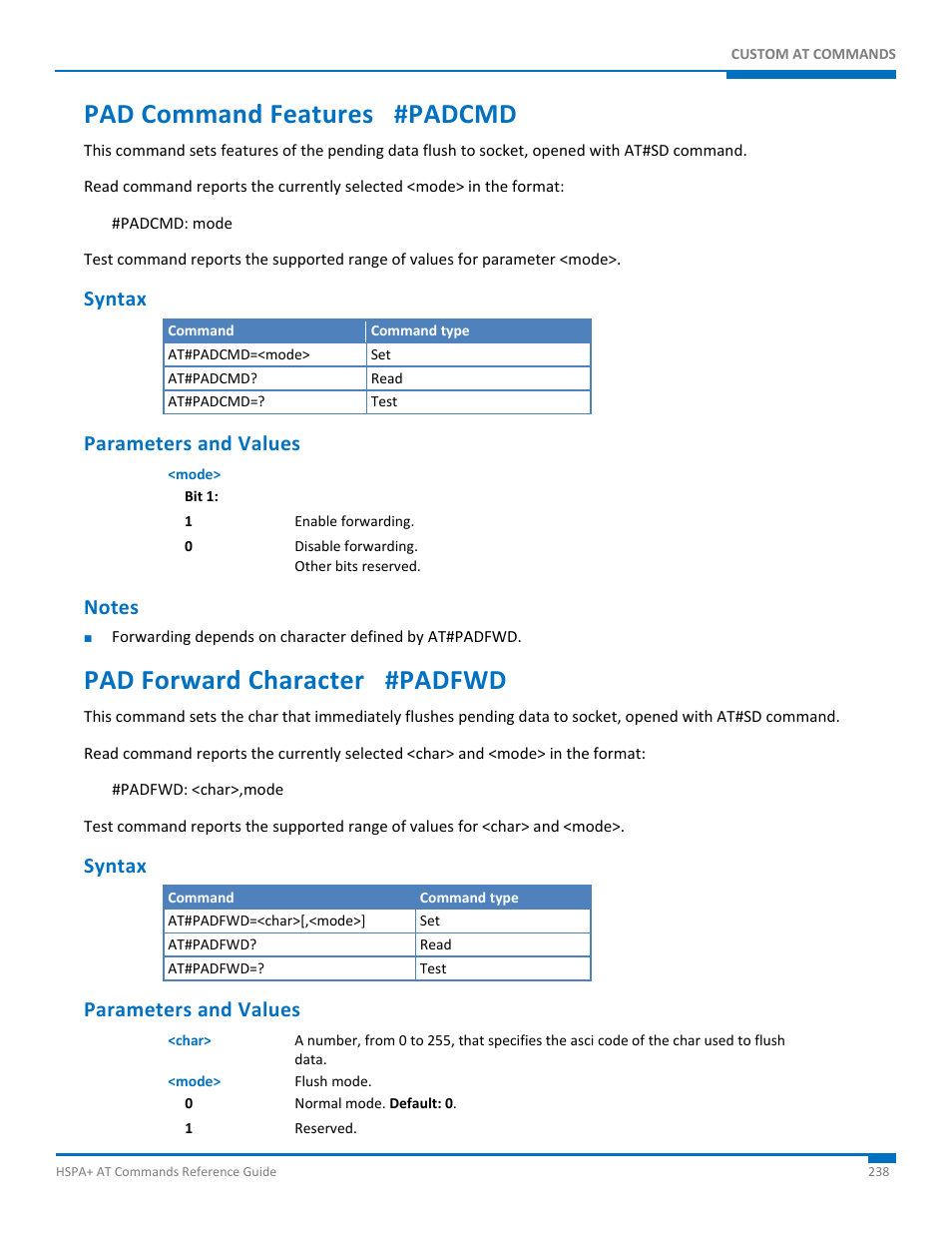 Pad command features #padcmd, Syntax, Parameters and values | Notes, Pad forward character #padfwd | Synaccess Networks NP-0801DTM User Manual | Page 238 / 330