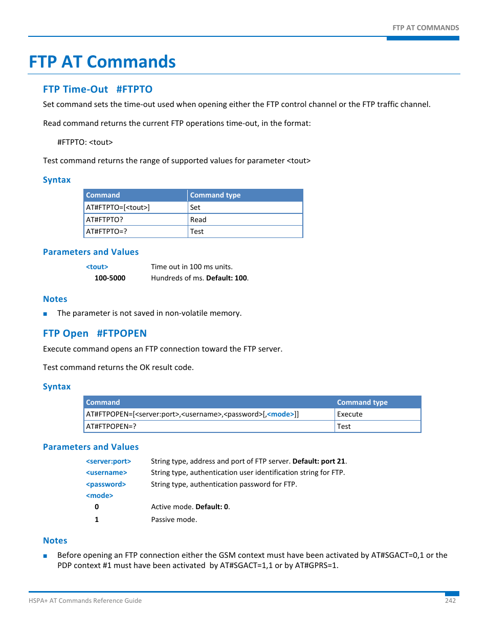 Ftp at commands, Ftp time-out #ftpto, Syntax | Parameters and values, Notes, Ftp open #ftpopen, Ftp time‐out #ftpto | Synaccess Networks NP-0801DTM User Manual | Page 242 / 330
