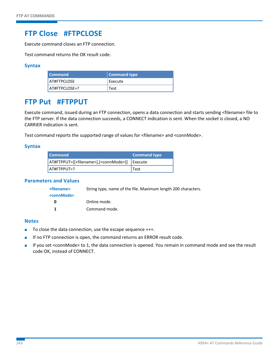 Ftp close #ftpclose, Syntax, Ftp put #ftpput | Parameters and values, Notes | Synaccess Networks NP-0801DTM User Manual | Page 243 / 330