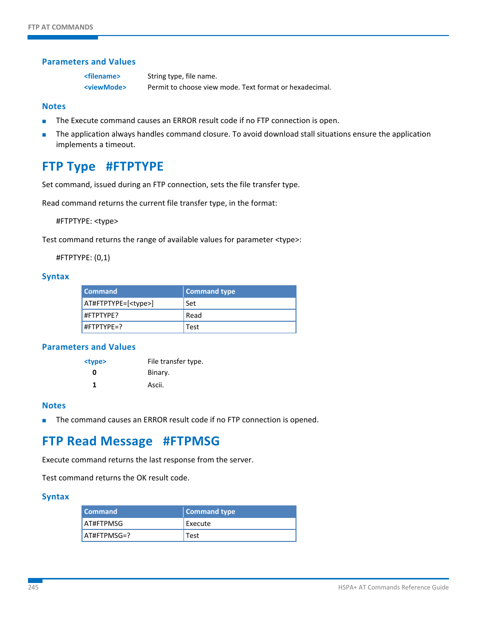 Parameters and values, Notes, Ftp type #ftptype | Syntax, Ftp read message #ftpmsg | Synaccess Networks NP-0801DTM User Manual | Page 245 / 330