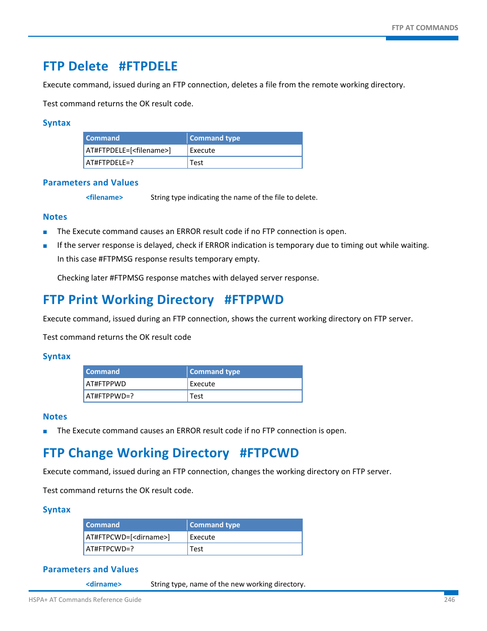 Ftp delete #ftpdele, Syntax, Parameters and values | Notes, Ftp print working directory #ftppwd, Ftp change working directory #ftpcwd | Synaccess Networks NP-0801DTM User Manual | Page 246 / 330