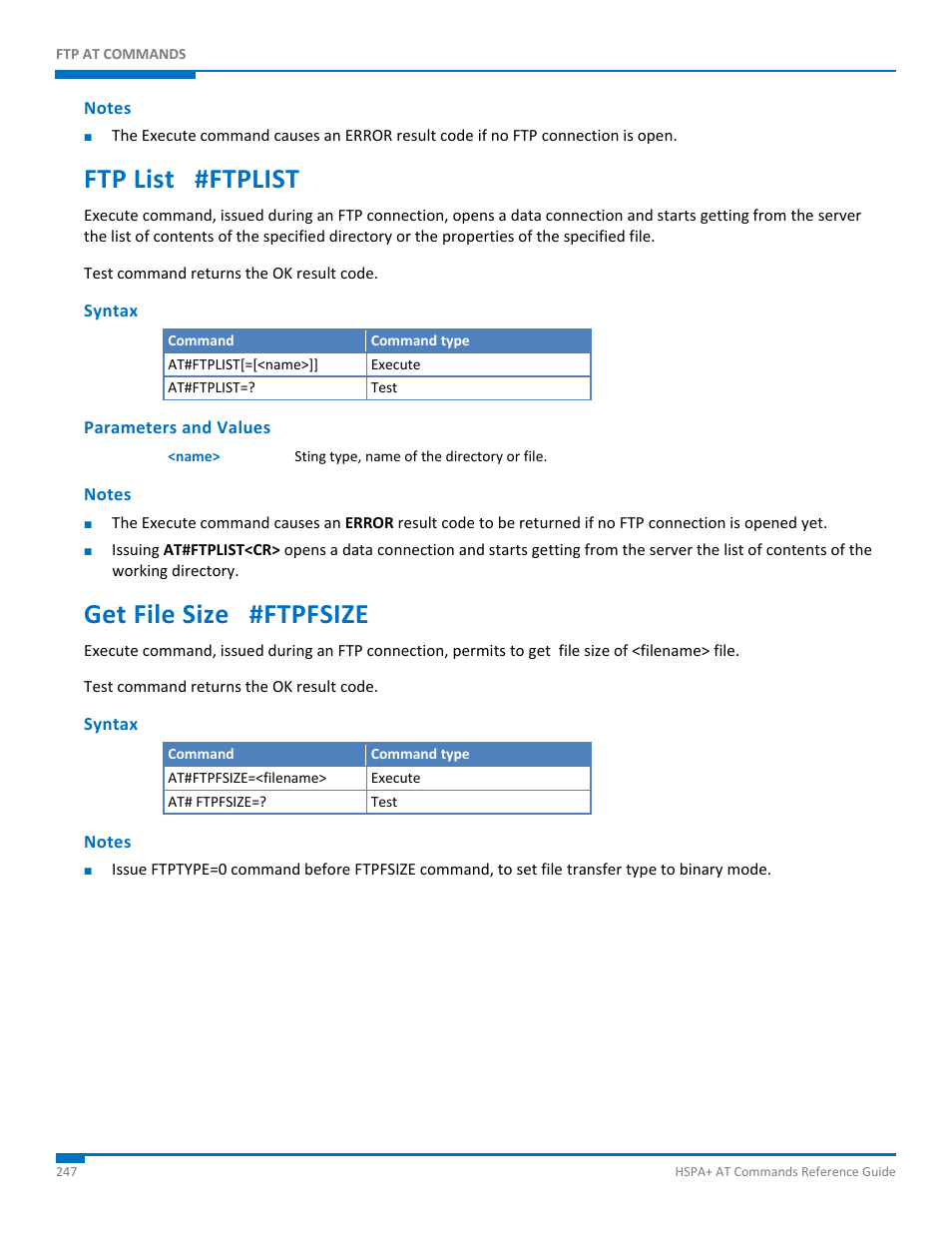 Notes, Ftp list #ftplist, Syntax | Parameters and values, Get file size #ftpfsize | Synaccess Networks NP-0801DTM User Manual | Page 247 / 330