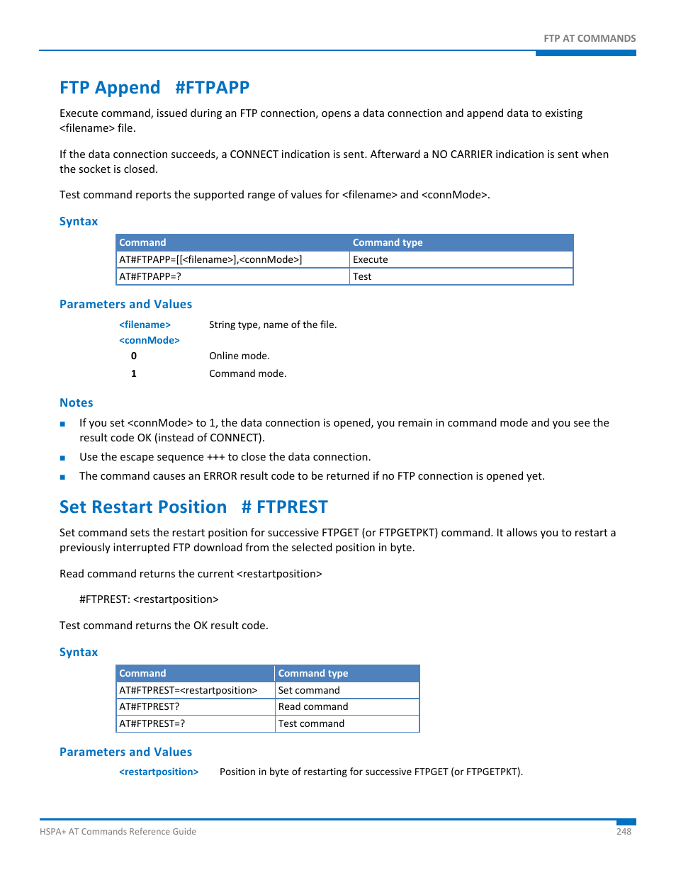 Ftp append #ftpapp, Syntax, Parameters and values | Notes, Set restart position # ftprest | Synaccess Networks NP-0801DTM User Manual | Page 248 / 330