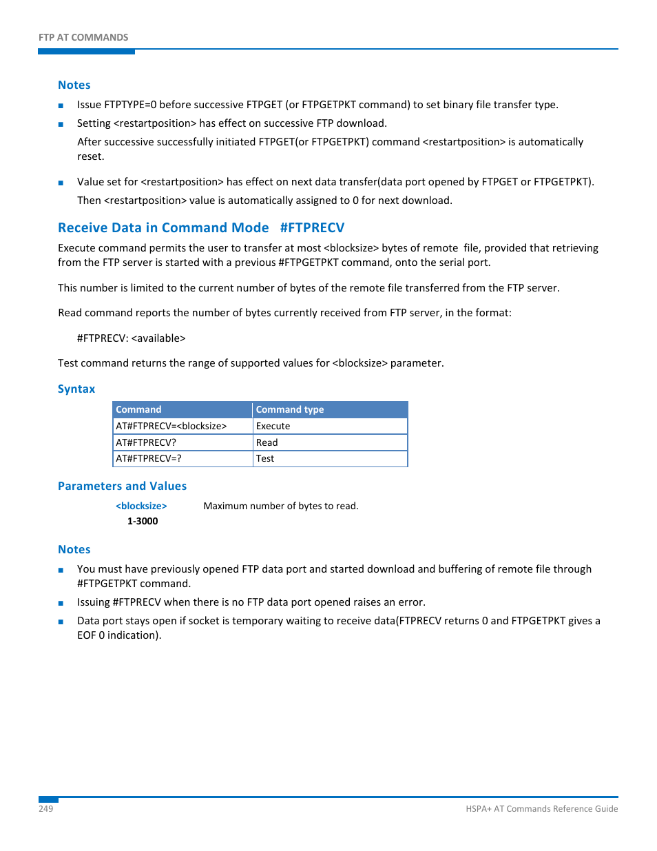 Notes, Receive data in command mode #ftprecv, Syntax | Parameters and values | Synaccess Networks NP-0801DTM User Manual | Page 249 / 330