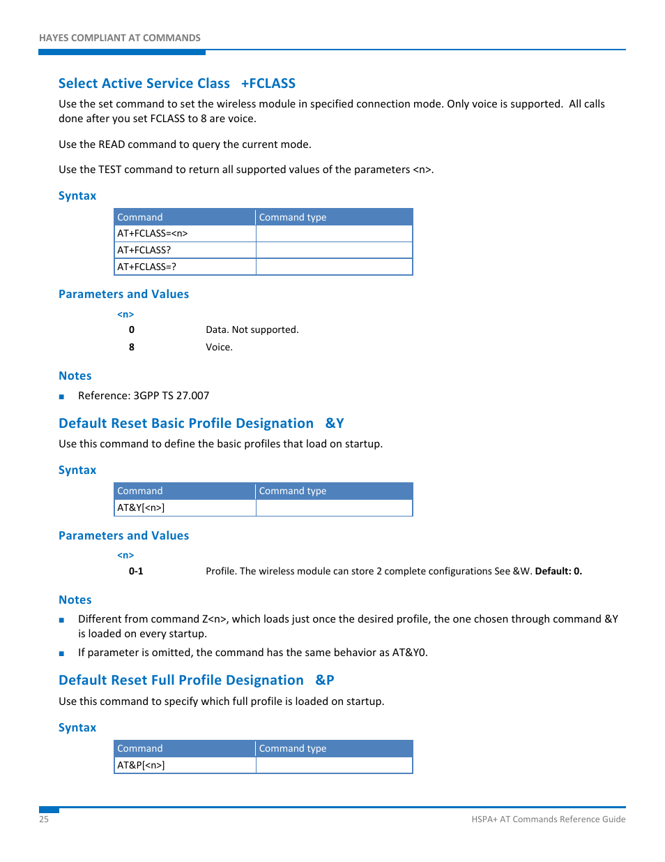 Select active service class +fclass, Syntax, Parameters and values | Notes, Default reset basic profile designation &y, Default reset full profile designation &p | Synaccess Networks NP-0801DTM User Manual | Page 25 / 330