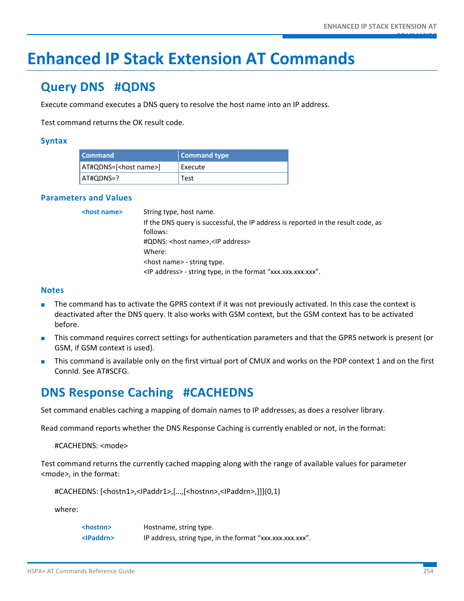 Enhanced ip stack extension at commands, Query dns #qdns, Syntax | Parameters and values, Notes, Dns response caching #cachedns | Synaccess Networks NP-0801DTM User Manual | Page 254 / 330