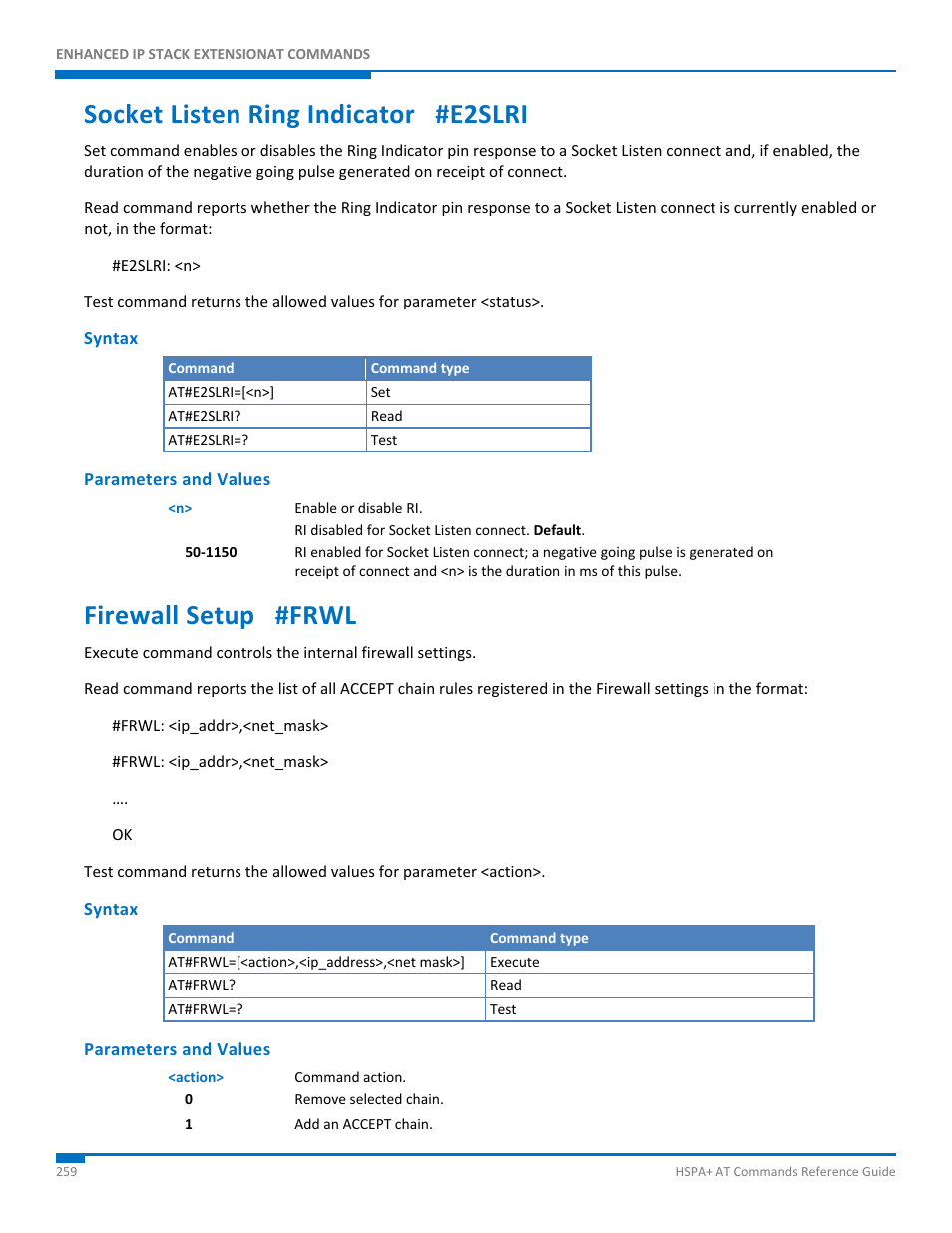 Socket listen ring indicator #e2slri, Syntax, Parameters and values | Firewall setup #frwl | Synaccess Networks NP-0801DTM User Manual | Page 259 / 330