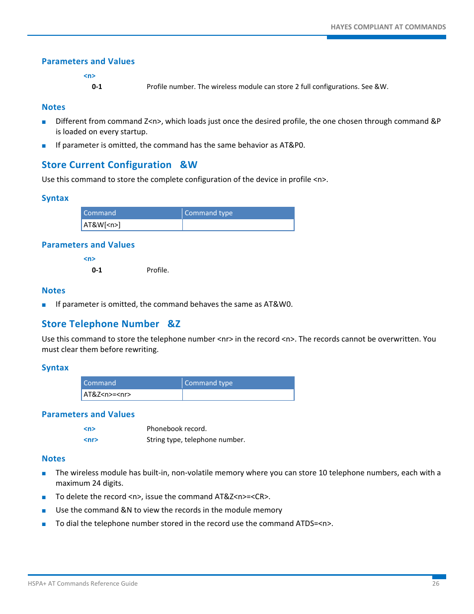 Parameters and values, Notes, Store current configuration &w | Syntax, Store telephone number &z | Synaccess Networks NP-0801DTM User Manual | Page 26 / 330