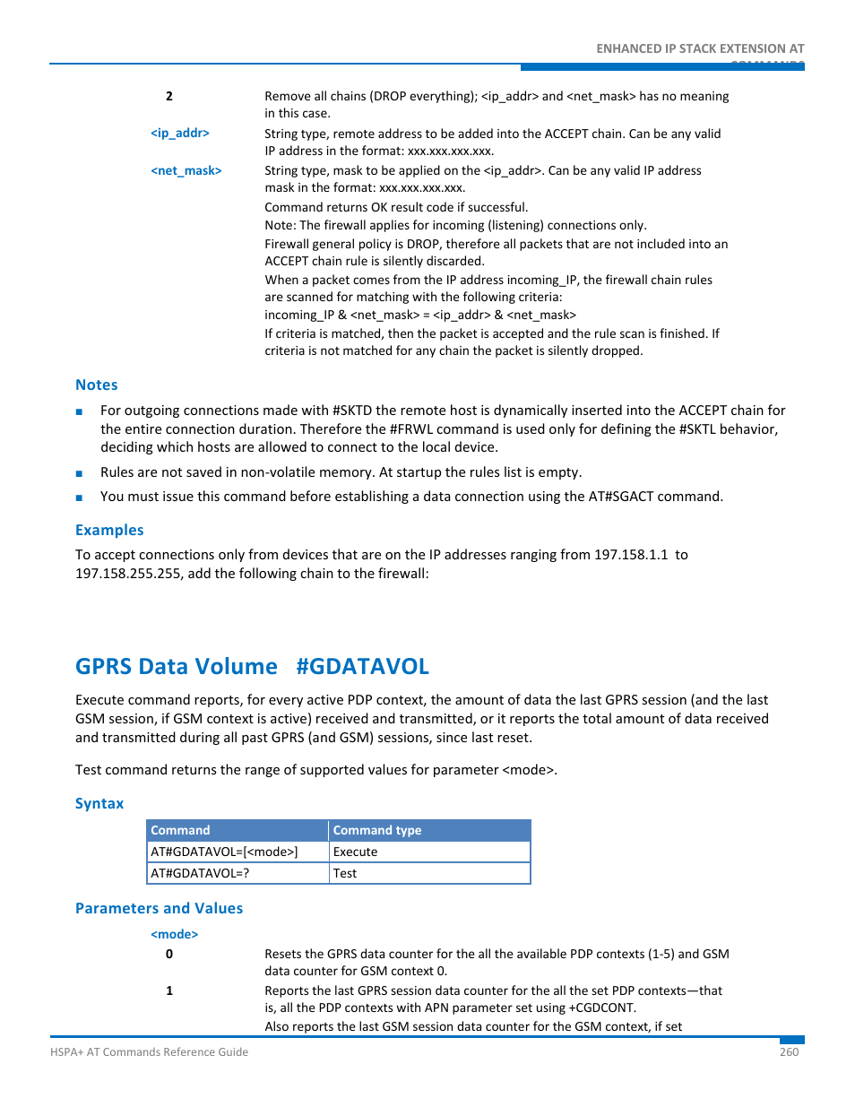 Notes, Examples, Gprs data volume #gdatavol | Syntax, Parameters and values | Synaccess Networks NP-0801DTM User Manual | Page 260 / 330