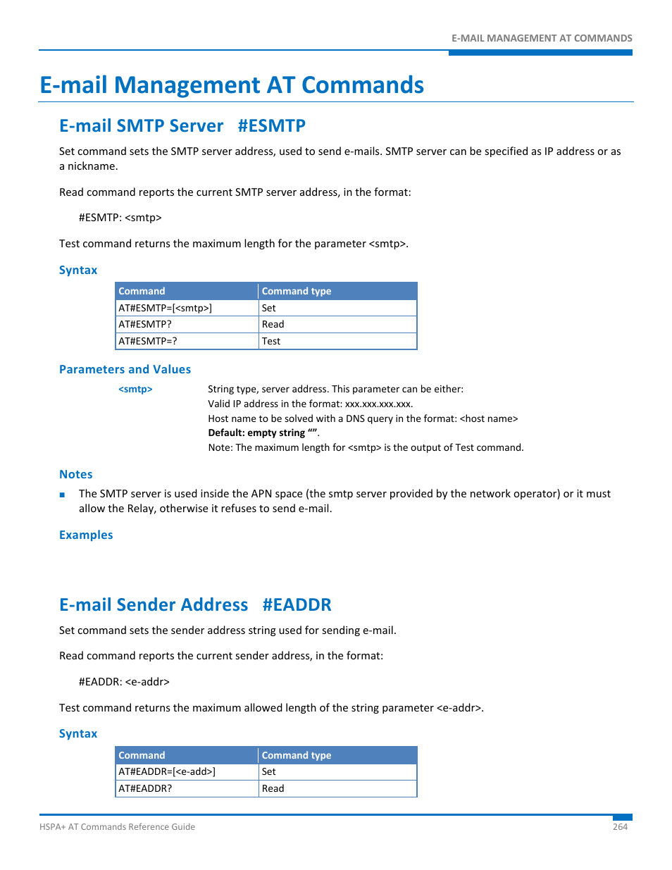 E-mail management at commands, E-mail smtp server #esmtp, Syntax | Parameters and values, Notes, Examples, E-mail sender address #eaddr, E‐mail smtp server #esmtp, E‐mail sender address #eaddr, E‐mail management at commands | Synaccess Networks NP-0801DTM User Manual | Page 264 / 330