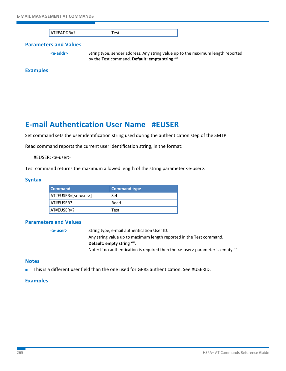 Parameters and values, Examples, E-mail authentication user name #euser | Syntax, Notes, E‐mail authentication user name #euser | Synaccess Networks NP-0801DTM User Manual | Page 265 / 330