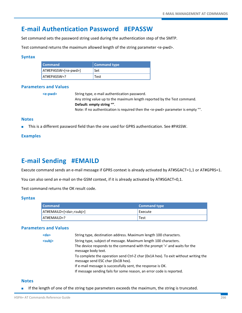 E-mail authentication password #epassw, Syntax, Parameters and values | Notes, Examples, E-mail sending #emaild, E‐mail sending #emaild, E‐mail authentication password #epassw | Synaccess Networks NP-0801DTM User Manual | Page 266 / 330