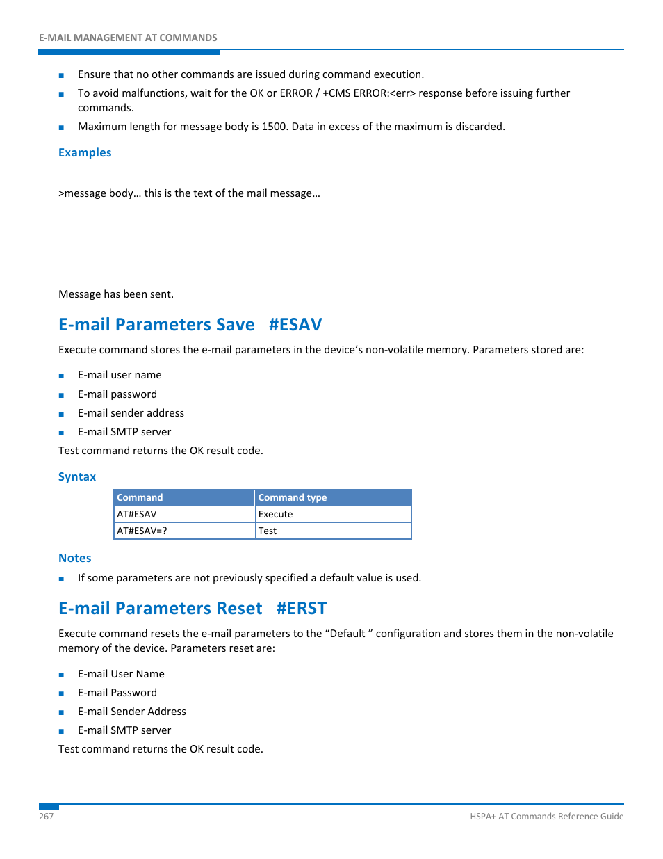Examples, E-mail parameters save #esav, Syntax | Notes, E-mail parameters reset #erst, E‐mail parameters save #esav, E‐mail parameters reset #erst | Synaccess Networks NP-0801DTM User Manual | Page 267 / 330
