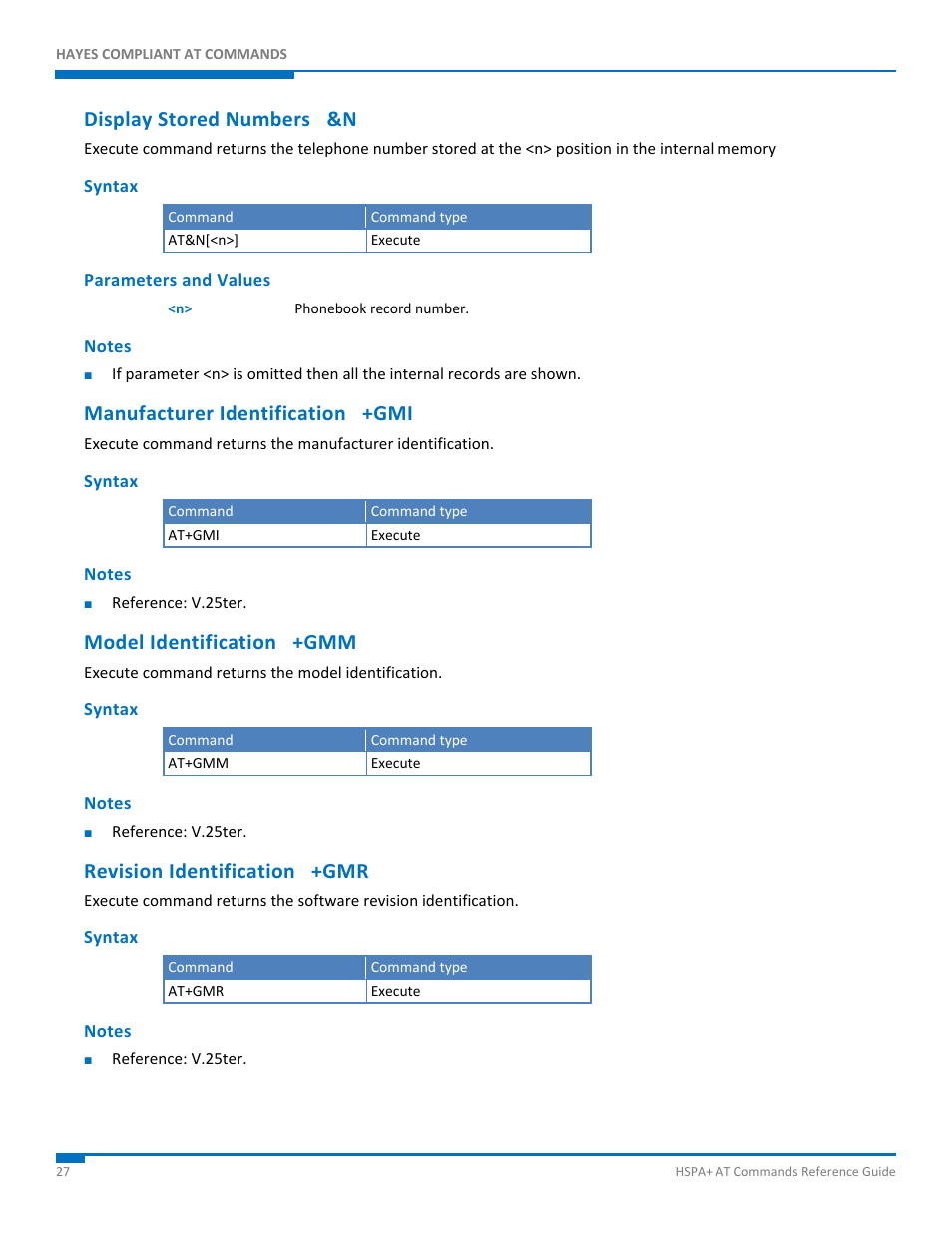 Display stored numbers &n, Syntax, Parameters and values | Notes, Manufacturer identification +gmi, Model identification +gmm, Revision identification +gmr | Synaccess Networks NP-0801DTM User Manual | Page 27 / 330