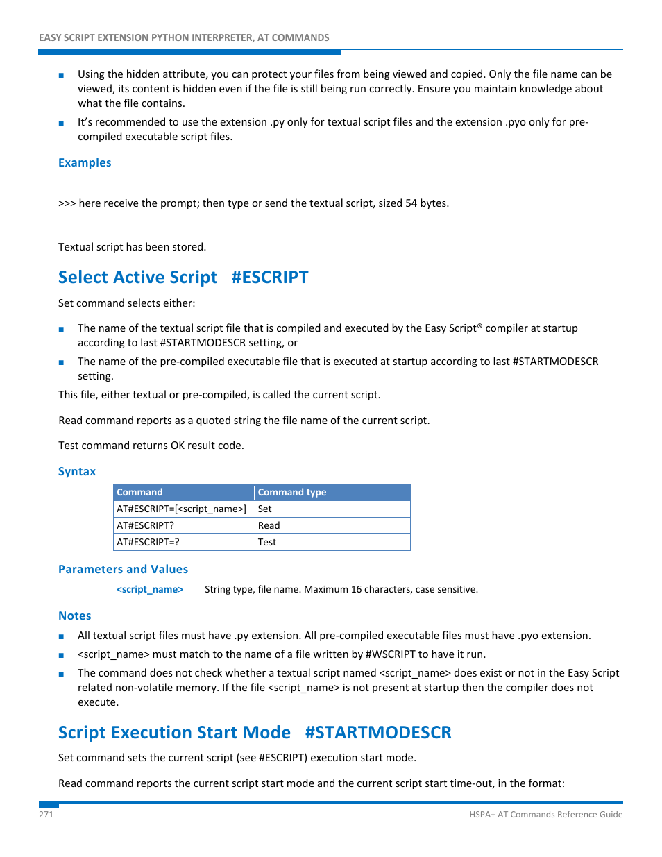 Examples, Select active script #escript, Syntax | Parameters and values, Notes, Script execution start mode #startmodescr | Synaccess Networks NP-0801DTM User Manual | Page 271 / 330