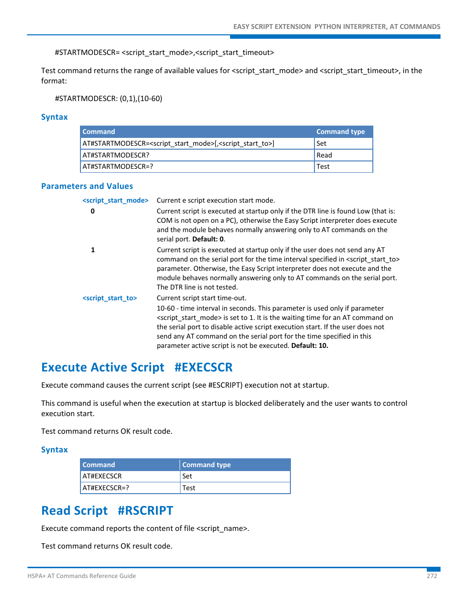 Syntax, Parameters and values, Execute active script #execscr | Read script #rscript | Synaccess Networks NP-0801DTM User Manual | Page 272 / 330